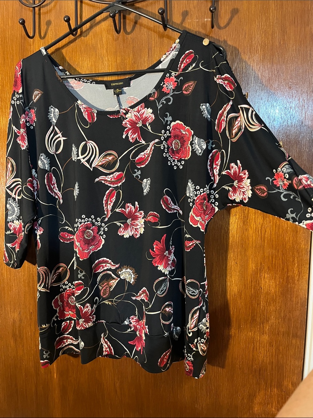 Espresso Black Floral Tunic with Red and Cream Accents
